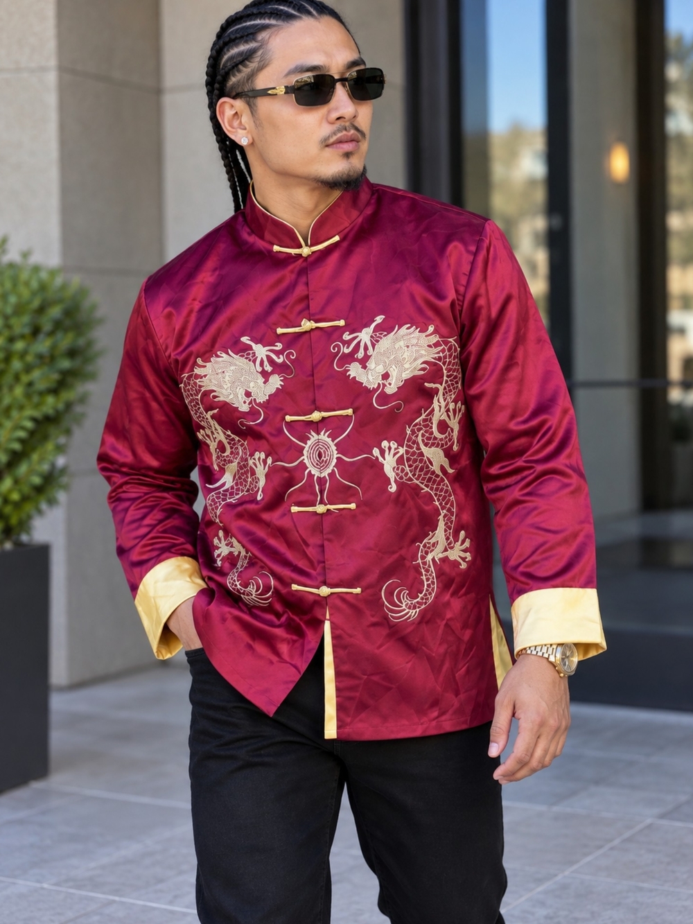Men's Maroon Satin Dragon-Embroidered "Tang" Jacket with Gold Trim